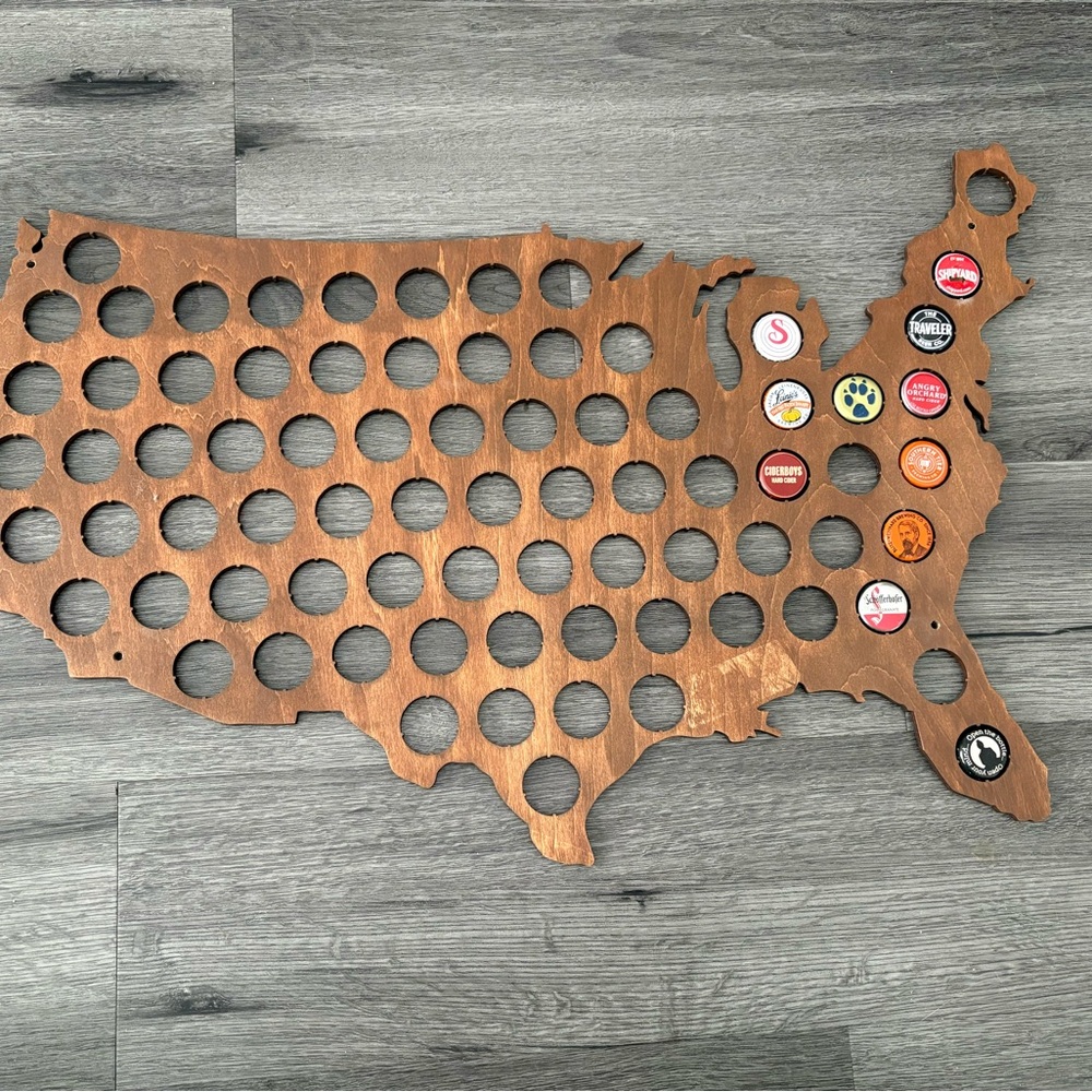 Wooden USA Map Bottle Cap Holder
